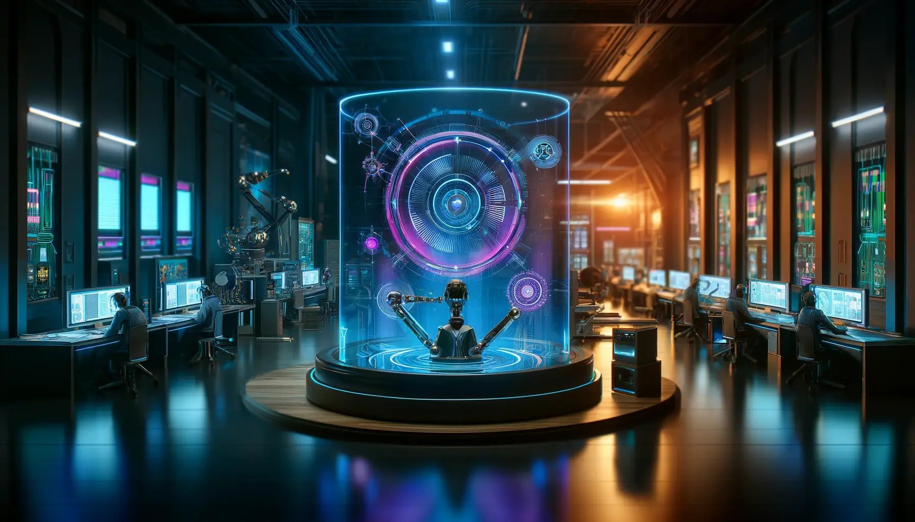 DALL·E 2024-06-11 07.34.34 - A website banner depicting a futuristic IT Department with automation elements. The setting includes high-tech workstations, robotic arms, holographic